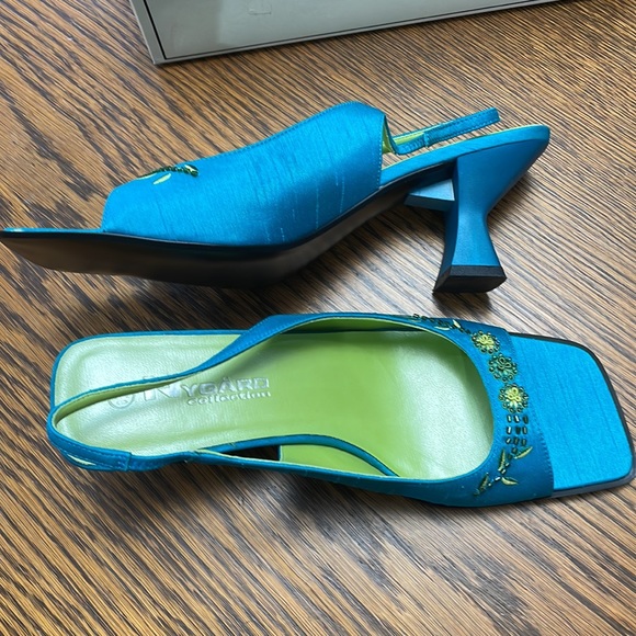 Vintage Nygard Sandals, Turquoise Linen Look Upper/Beaded Embellishment, NIB 8.5 - Picture 6 of 14